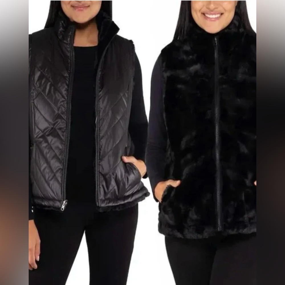 Nicole Miller Womens Warm Cozy Reversible Quilted Faux Fur Insulated Puffer Vest